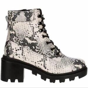 Madden Girl Dillian Snake Print Tie Ankle Hike Combat Rugged Block Heel Boots 8